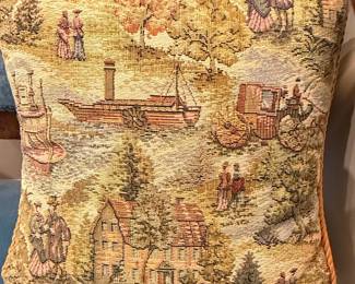 Vintage Jacquard Woven Tapestry Throw Pillow with Steamboat and Carriage Scene