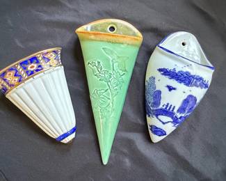 Assorted Ceramic Wall Pockets: Henriot Quimper, Mid-Century Studio Pottery, and Blue & White Transferware
