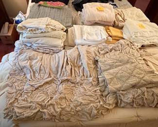 Assorted Vintage and Contemporary Bedding Linens, including Ruched Bedspread and Linen Sheets
