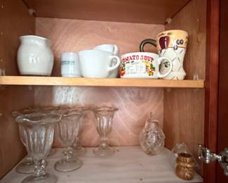 Assorted Vintage Kitchenware Collection with Promotional Mugs and Pressed Glass Sundae Dishes