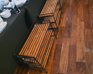 Coordinating vintage-style wood slat & black metal shelving/racks