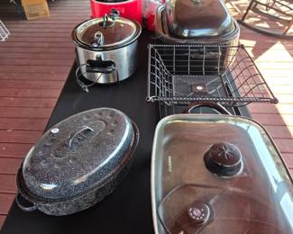Kitchen & Entertaining Collection — A large assortment of cookware, bakeware, serving pieces and countertop appliances, including stainless-steel pots and pans, skillets, slow cookers, electric roasters/skillets, Presto electric cookware, glassware, serving dishes, baskets, utensils, storage and organization pieces, small appliances and assorted kitchen accessories. A great picker-style kitchen area with pieces available individually.