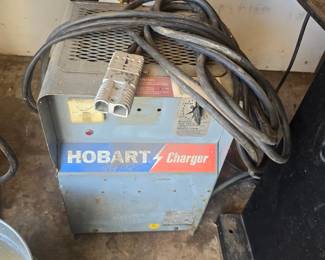 Vintage Hobart Industrial Heavy-Duty Battery Charger (typically used for forklift, pallet jack, or commercial cart 24V/36V/48V lead-acid batteries) equipped with a heavy-gauge cable and grey SB-style quick-disconnect plug.
