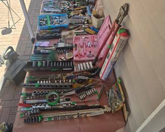 TOOLS, TOOLS & MORE TOOLS! Tables packed with sockets, ratchets, extensions, wrenches, screwdrivers, pliers, cutters, files, drill bits, specialty automotive/mechanical tools and decades of shop finds. Buy one tool, build a set or put together a whole pile — this is PICKERS PARADISE, so dig through.