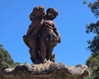 MONUMENTAL 3-TIER CAST STONE GARDEN FOUNTAIN Ornate scalloped basins with classical figural finial. Beautiful aged garden patina. Buyer responsible for disassembly, loading & removal.