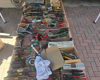 TOOLS, TOOLS & MORE TOOLS! Tables packed with sockets, ratchets, extensions, wrenches, screwdrivers, pliers, cutters, files, drill bits, specialty automotive/mechanical tools and decades of shop finds. Buy one tool, build a set or put together a whole pile — this is PICKERS PARADISE, so dig through.