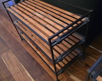 Coordinating vintage-style wood slat & black metal shelving/racks