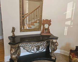  Griffin Black Marble Entry Table and Antique Victorian Clock(works)