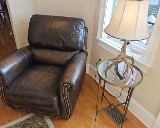 Leather Recliner, glass top table and antler lamp