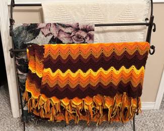 Metal blanket rack, vintage crocheted blanket & more