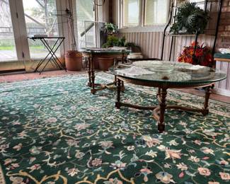 Glass top accent tables, green floral large rug