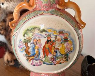 Vintage Chinese Famille Rose Moon Flask with Sanxing Depiction