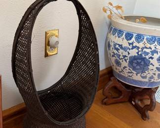 Vintage Woven Rattan Basket with Arched Handle