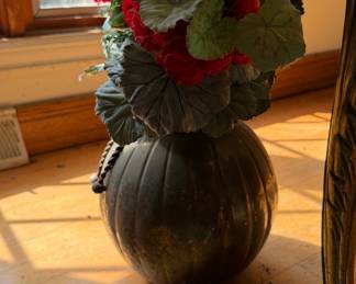 Vintage Ribbed Metal Pumpkin Vase with Artificial Geraniums