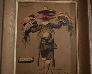 Vintage Ink and Wash Drawing, "Marchand de Chapeaux" by E.B. 1979