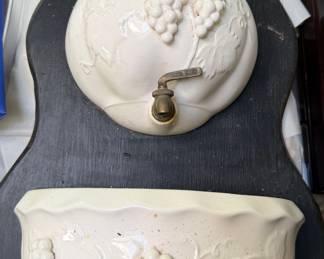 Vintage Ceramic Grape Motif Wall Fountain with Spigot and Basin