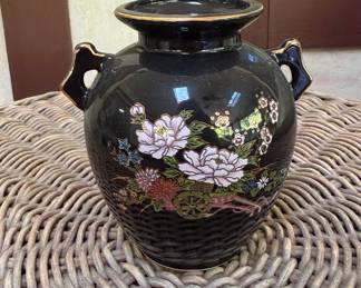 Vintage Japanese Black Porcelain Vase with Floral Transferware and Gold Trim