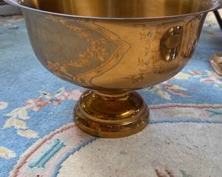 Vintage Brass Pedestal Bowl with Embossed Grape Leaf Motif