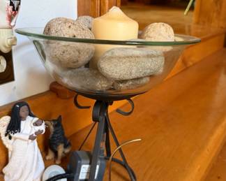Vintage Tabletop Aroma Oil Burner with Glass Bowl and Metal Stand