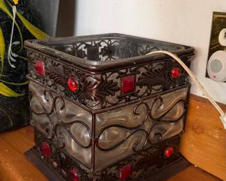 Vintage Ornate Metal and Red Glass Accent Lamp