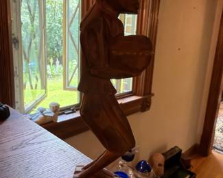 Vintage Hand Carved Wood African Man Statue With Bowl