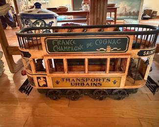 Vintage Large Hand-Painted Wooden French Double Decker Tram Model