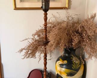 Vintage Carved Wood Torchiere Floor Lamp with Paisley Glass Shade