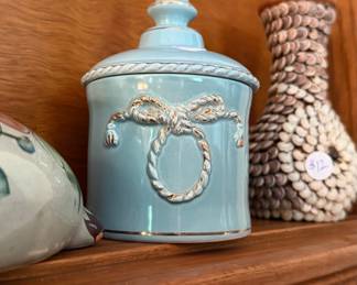 Vintage Ceramic Lidded Jar with Bow Detail and Gold Trim
