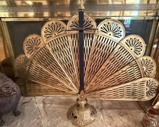 Vintage Brass Peacock Fan Fireplace Screen with Griffin Base