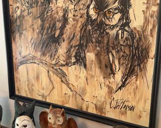 Vintage Owl Painting by C. Patterson