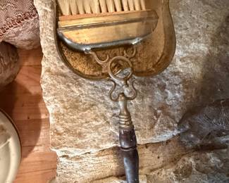 Vintage Brass Hearth Brush and Dustpan Set with Scrollwork Handle