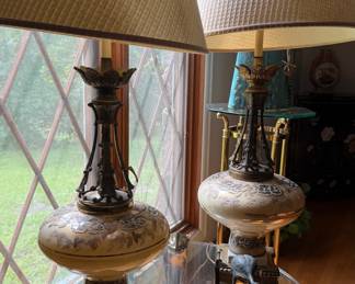 Vintage Hollywood Regency Brass and Porcelain Table Lamps