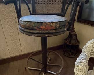 Vintage Rattan Swivel Bar Stool with Floral Upholstery
