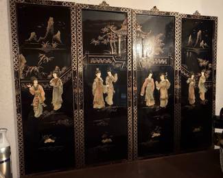 Vintage Chinese Four-Panel Lacquered Wall Art with Soapstone Figures