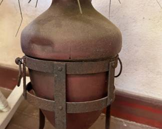 Vintage Terracotta Olive Jar on Rustic Metal Stand