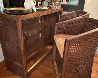 Vintage Cane and Wood Bar Set with Two Stools