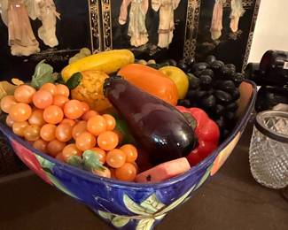 Vintage Ceramic Fruit Bowl with Glass Fruit Assortment
