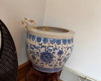 Vintage Blue and White Porcelain Fish Bowl Planter with Wooden Stand