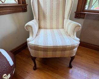 Vintage Queen Anne Style Wingback Armchair with Striped Fabric