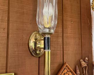 Vintage Brass and Black Torch Wall Sconce with Scalloped Glass Shade