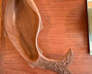 Vintage Hand-Carved Wooden Fish Serving Dish with Leaf Motif