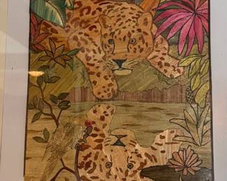 Vintage Straw Marquetry Leopard Wall Art