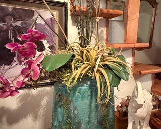Vintage Teal Floral Relief Art Pottery Vase