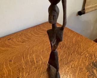 Vintage Hand Carved African Wood Female Figure Carrying Vessel