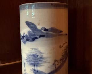Vintage Blue and White Ceramic Brush Pot with Landscape Motif