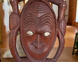 Vintage Hand-Carved Wooden Mask with Birds and Cowrie Shell Eyes