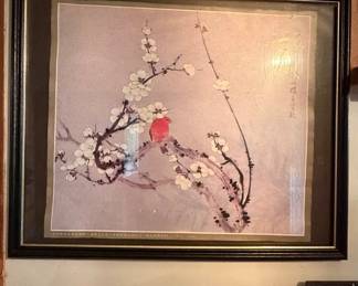 Vintage Chinese Ink and Color Bird and Plum Blossom Painting