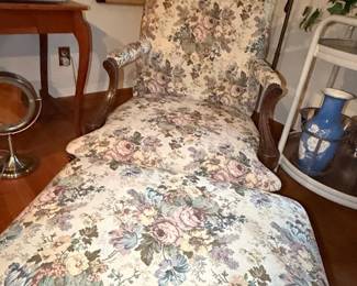 Vintage Floral Upholstered Bergere Armchair and Ottoman Set
