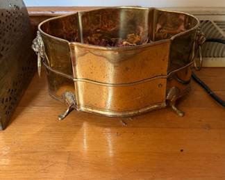 Vintage Brass Planter with Lion Head Handles and Claw Feet