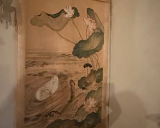 Vintage Chinese Hand Painted Scroll Painting of Lotus Flowers and Ducks